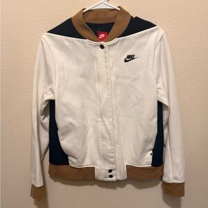 Nike Women's Varsity Jacket in White, Black, and Tan (Lettermen Style)